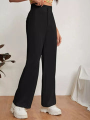 Black high-waisted maternity pants with clean lines and a center seam.