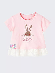 Pink cotton baby tee with bunny graphic, ruffles, and floral patch.