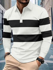 Long sleeve polo shirt with horizontal black and white stripes and a buttoned collar.