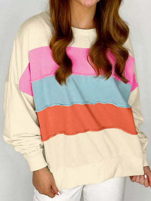Colorblock Patchwork Crewneck Sweatshirt in Cream, front view