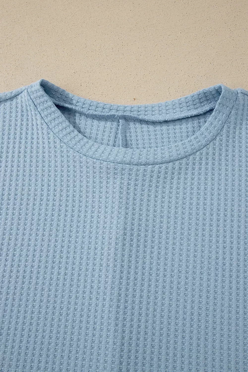 Waffle Knit Dolman Sleeve Loose Top in Light Blue, model styling view