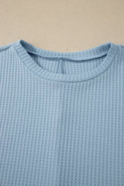 Waffle Knit Dolman Sleeve Loose Top in Light Blue, model styling view