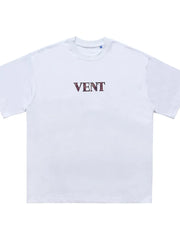 White cotton crew neck t-shirt with bold VENT graphic detail
