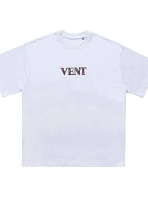 White cotton crew neck t-shirt with bold VENT graphic detail