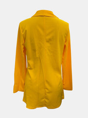 Gold open-front blazer with rolled sleeves and a classic collar.