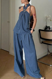 Halter Neck Top And Wide-leg Pants Set in Dusty Blue, model styling view