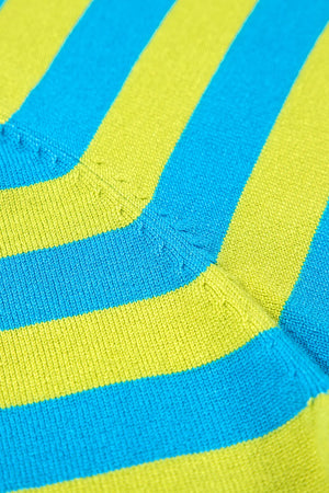 Electric Stripe Crewneck Sweater in Sky Blue with bold horizontal stripes and knit texture detail.