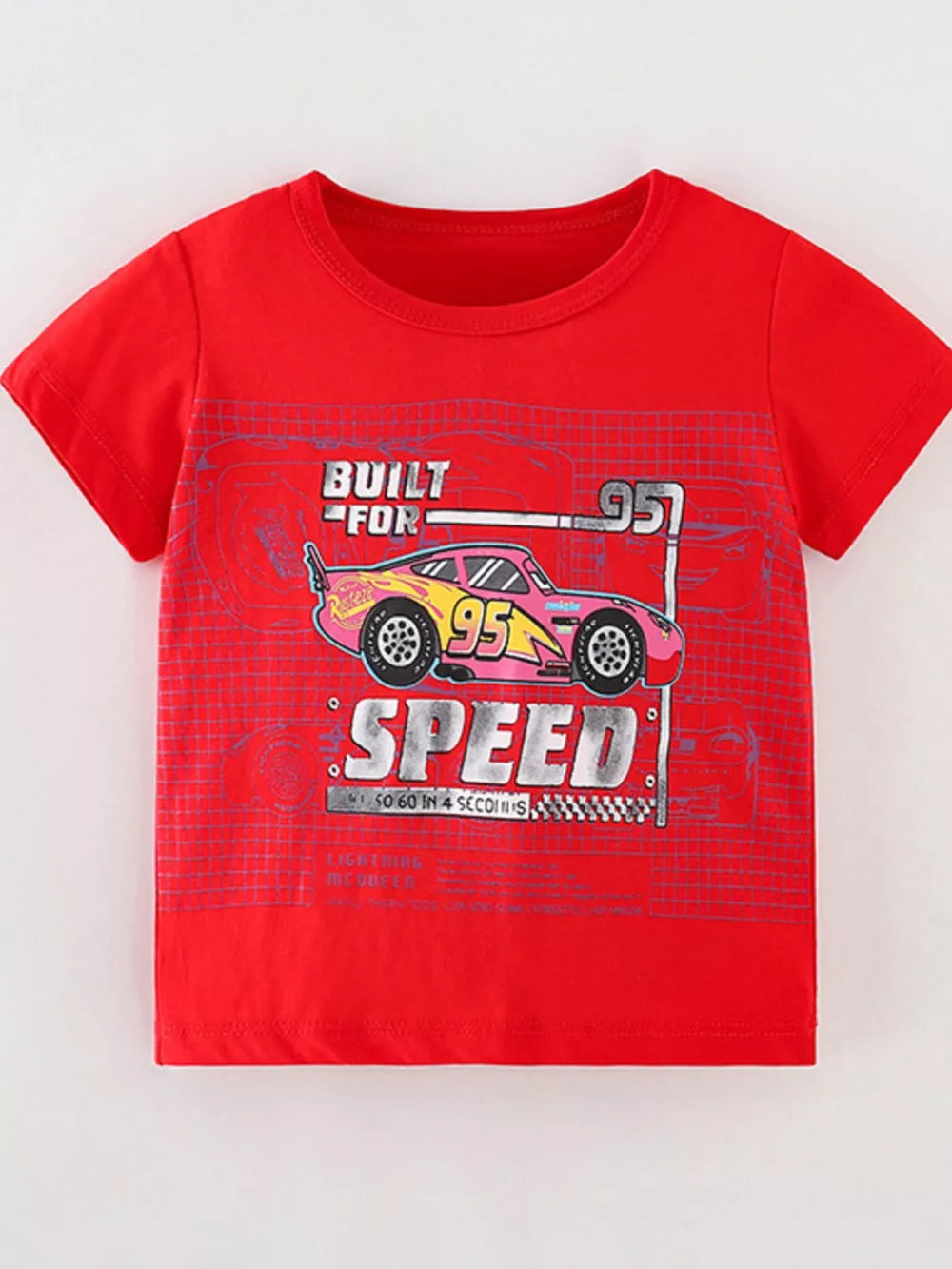 Red cotton toddler t-shirt with vibrant race car graphic and "Built for Speed" text.