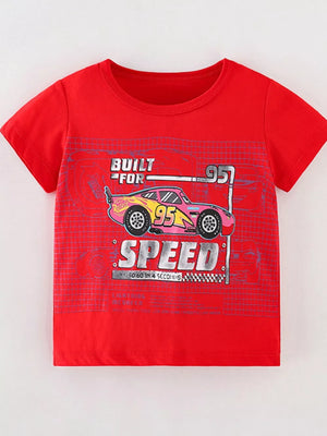 Red cotton toddler t-shirt with vibrant race car graphic and "Built for Speed" text.
