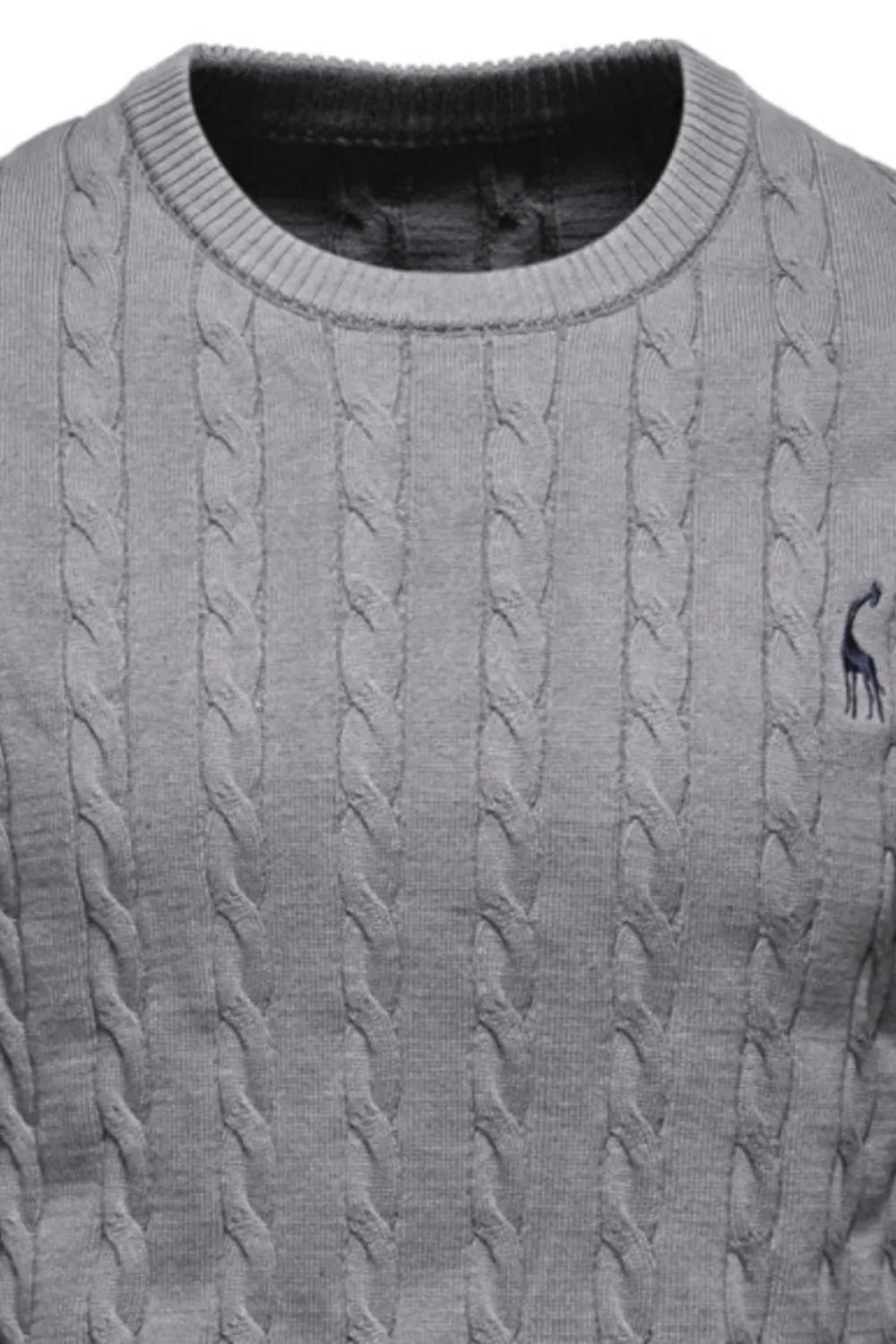 Gray cable knit crewneck sweater with embroidered giraffe detail