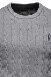 Gray cable knit crewneck sweater with embroidered giraffe detail