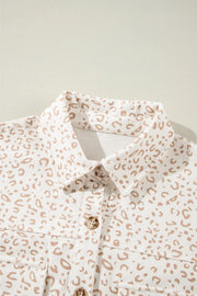 Leopard print overshirt with patch pockets, collared button-down shirt in leopard pattern.