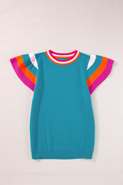 Teal knit flutter sleeve blouse with colorblock trim on sleeves and neckline.