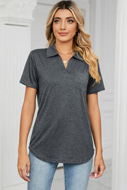 Dark Gray V-neck polo tee with short sleeves and a chest pocket.