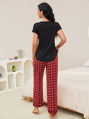 Black henley lounge set with red plaid pants