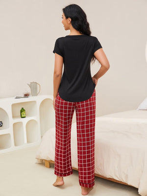 Black henley lounge set with red plaid pants