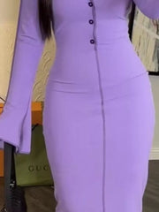 Button Front Long Sleeve Midi Dress in Lavender Purple, close-up detail