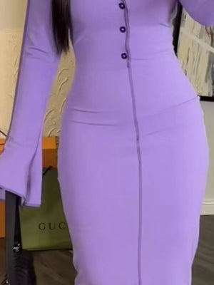 Button Front Long Sleeve Midi Dress in Lavender Purple, close-up detail