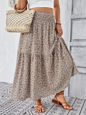 Tiered maxi skirt in mocha with a ditsy floral print and smocked waist