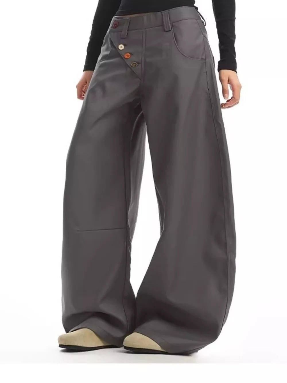 Gray relaxed fit wide-leg chinos with decorative button-fly detail