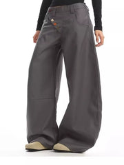 Gray relaxed fit wide-leg chinos with decorative button-fly detail