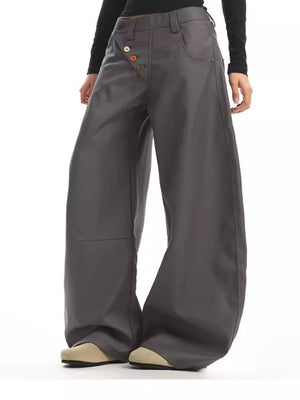Gray relaxed fit wide-leg chinos with decorative button-fly detail