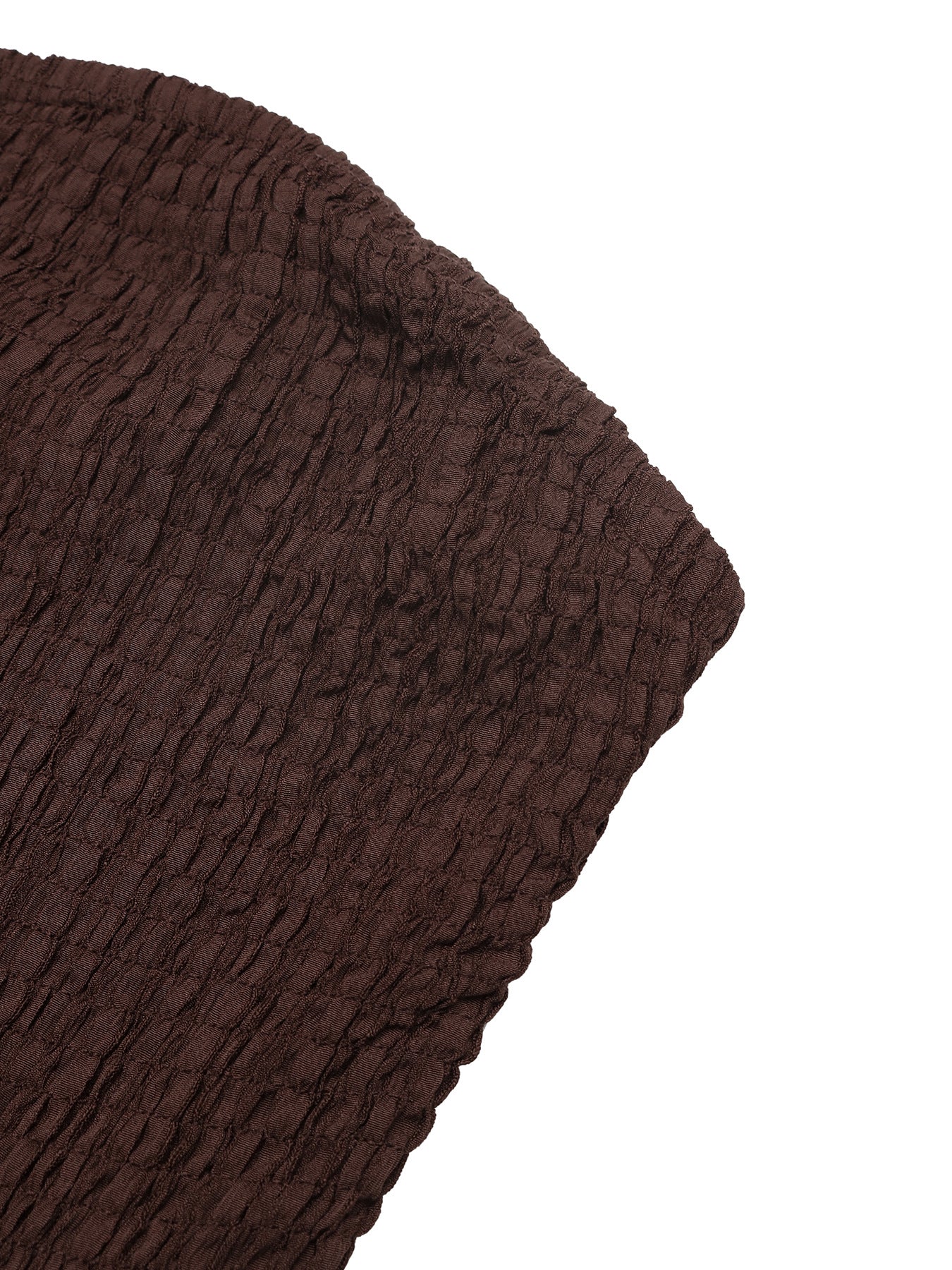 Dark brown textured mini dress with gathered bodice and ruffle detail.