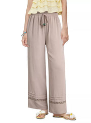 Tan relaxed wide-leg maternity pants with drawstring and embroidered hem detail