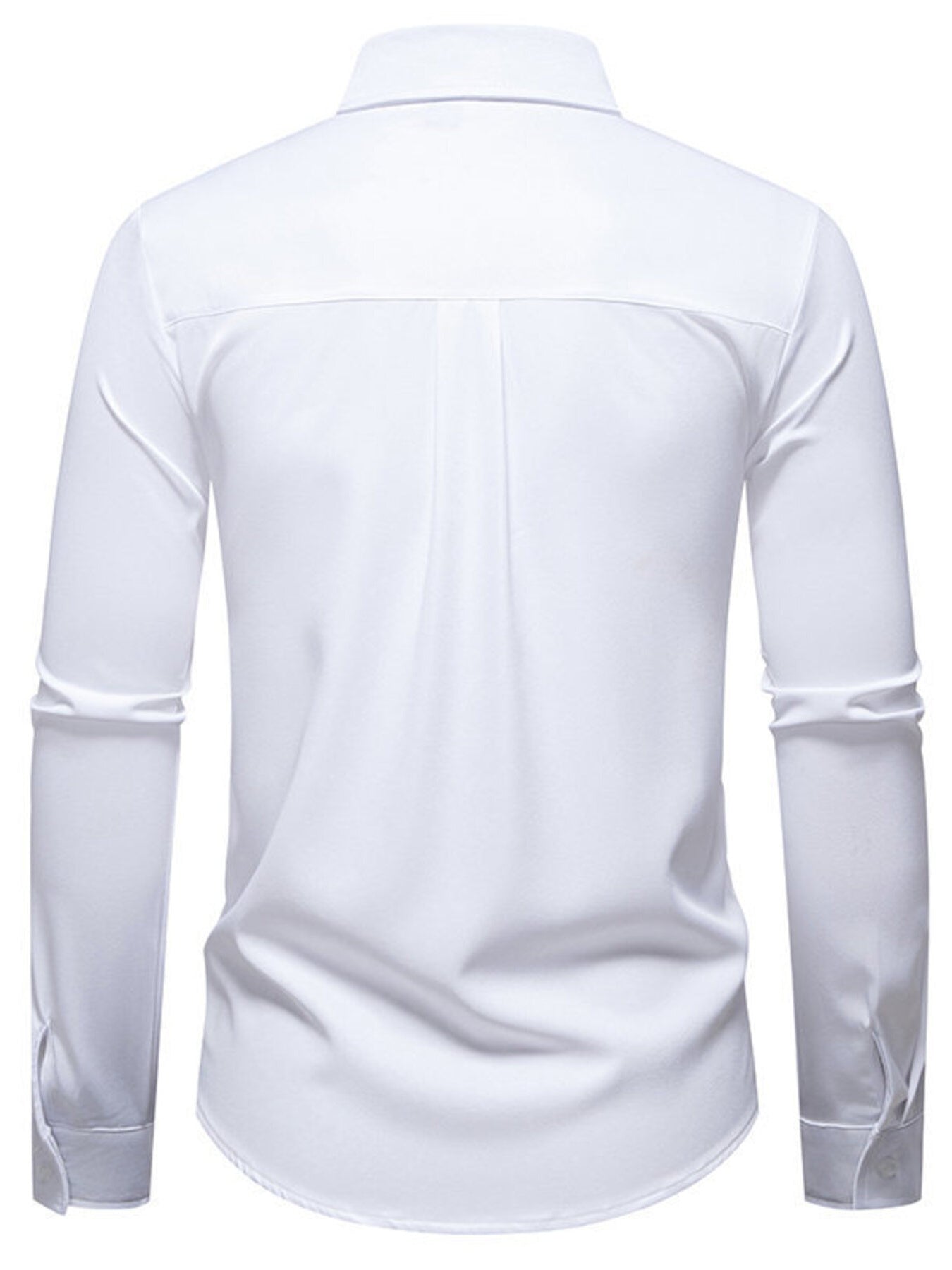 Men's white long-sleeve button-up shirt with a classic collar and back pleats.