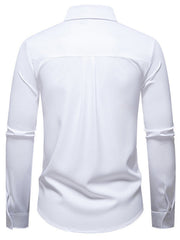 Men's white long-sleeve button-up shirt with a classic collar and back pleats.