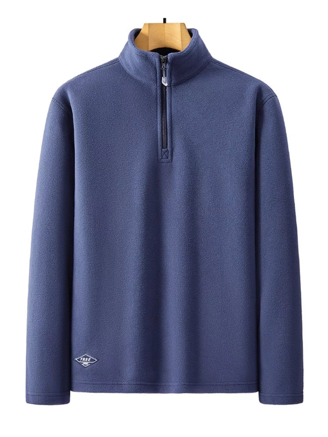 Men's blue fleece quarter zip sweatshirt with a diamond logo detail.