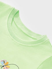 Toddler light green short sleeve tee with a butterfly applique and cartoon bunny detail.