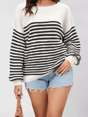 pullover sweater in Khaki with striped and ribbed knit