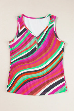 Ribbed stripe button-down tank top with a V-neck and colorful wavy stripes.