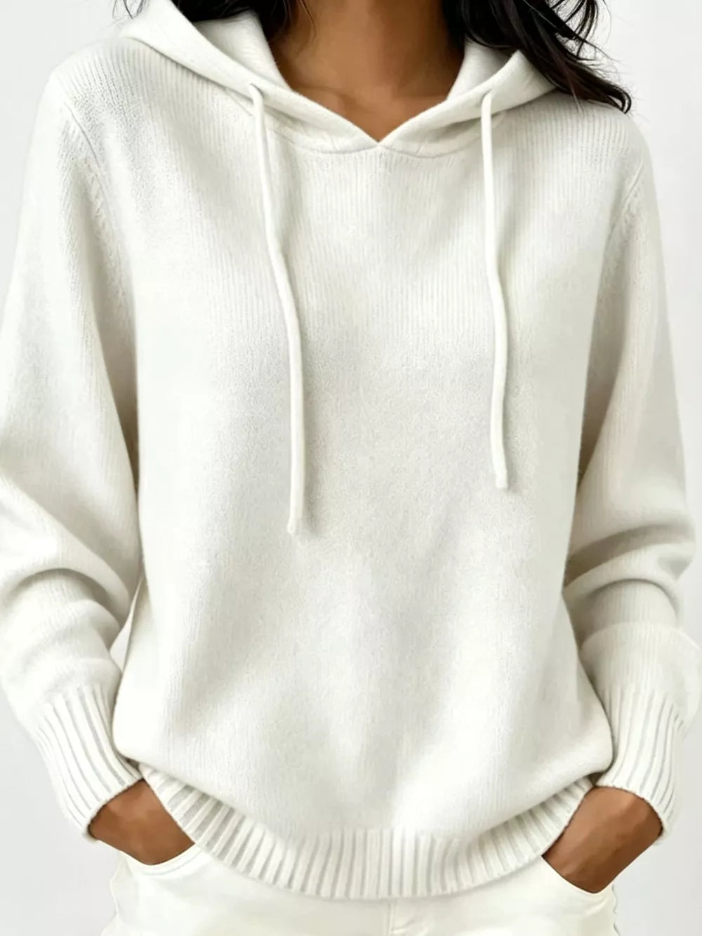 Cozy Ribbed Long-sleeve Hooded Sweater in White, front view