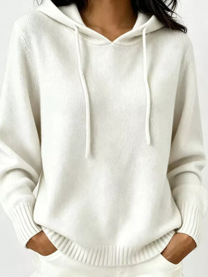 Cozy Ribbed Long-sleeve Hooded Sweater in White, front view