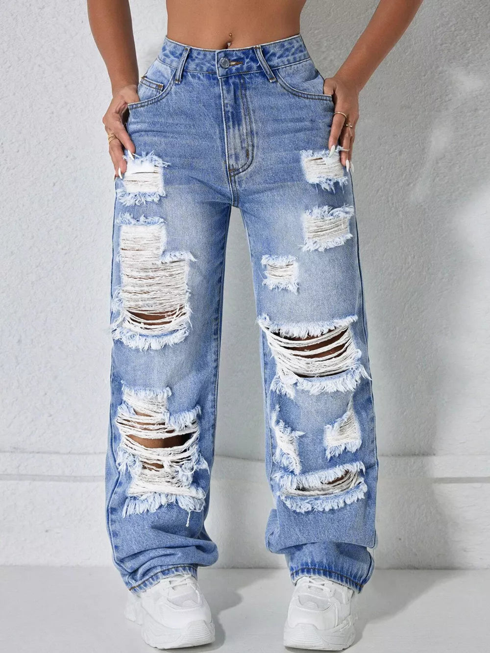 Distressed Wide Leg Jeans in Light Blue, front view