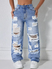 Distressed Wide Leg Jeans in Light Blue, front view