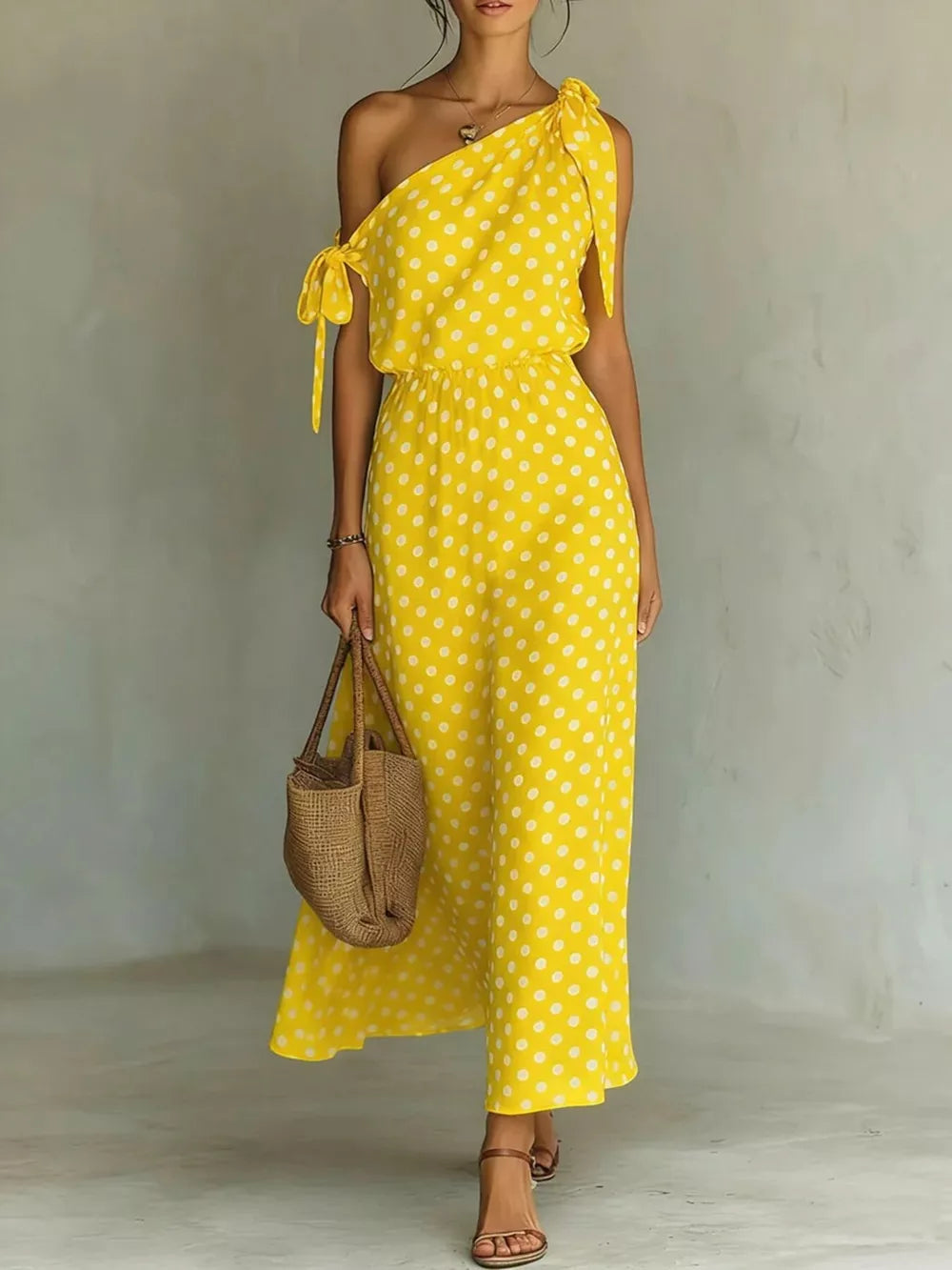 Yellow polka dot one-shoulder maxi dress with cinched waist and tie details