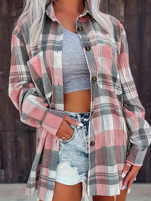 Oversized dusty pink plaid shirt jacket with button front and pockets.