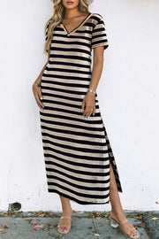 Striped jersey maxi dress with V-neck, short sleeves, and a high slit hem.