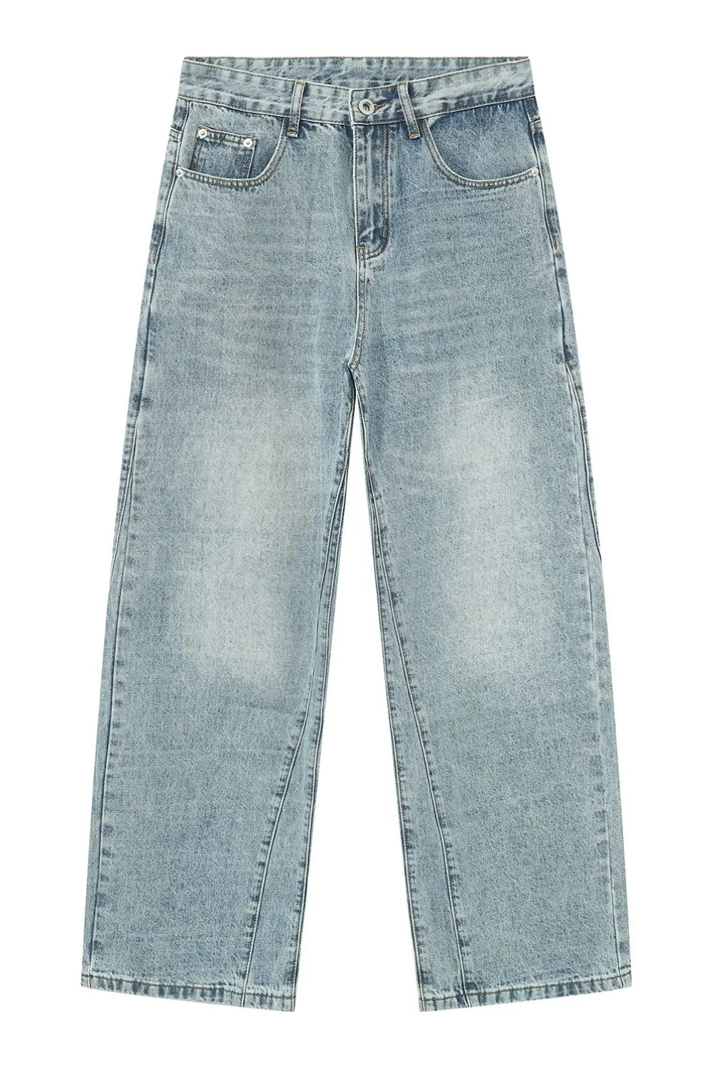 Baggy denim jeans in medium wash with subtle fading and a wide leg.