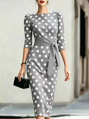 Full Size Polka Dot 3/4 Sleeve Midi Dress, product detail