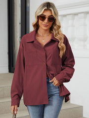 Burgundy corduroy overshirt with patch pockets and button front.