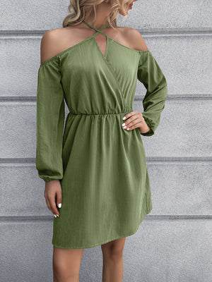 Cross-strap off-shoulder mini dress in Matcha Green with long sleeves and elastic waist.