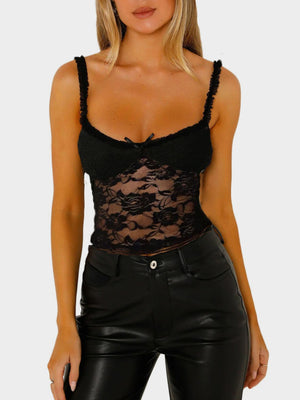 Black lace bustier with ruffled straps and a small bow detail.