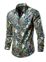 Men's button-down shirt with tropical leaf print in navy blue, long sleeves, cotton.