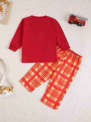 Children's Fire Truck Embroidered Top And Pants Set in Red, product detail