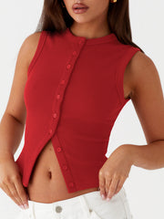Scarlet ribbed knit button-down crop top with a mock neck and sleeveless design.