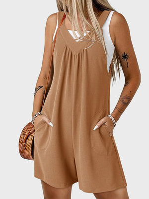 Coffee brown textured romper with gathered yoke and pockets, styled with a white tank.